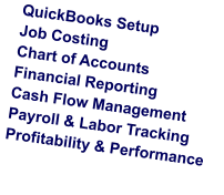 QuickBooks Setup Job Costing Chart of Accounts Financial Reporting Cash Flow Management Payroll & Labor Tracking Profitability & Performance